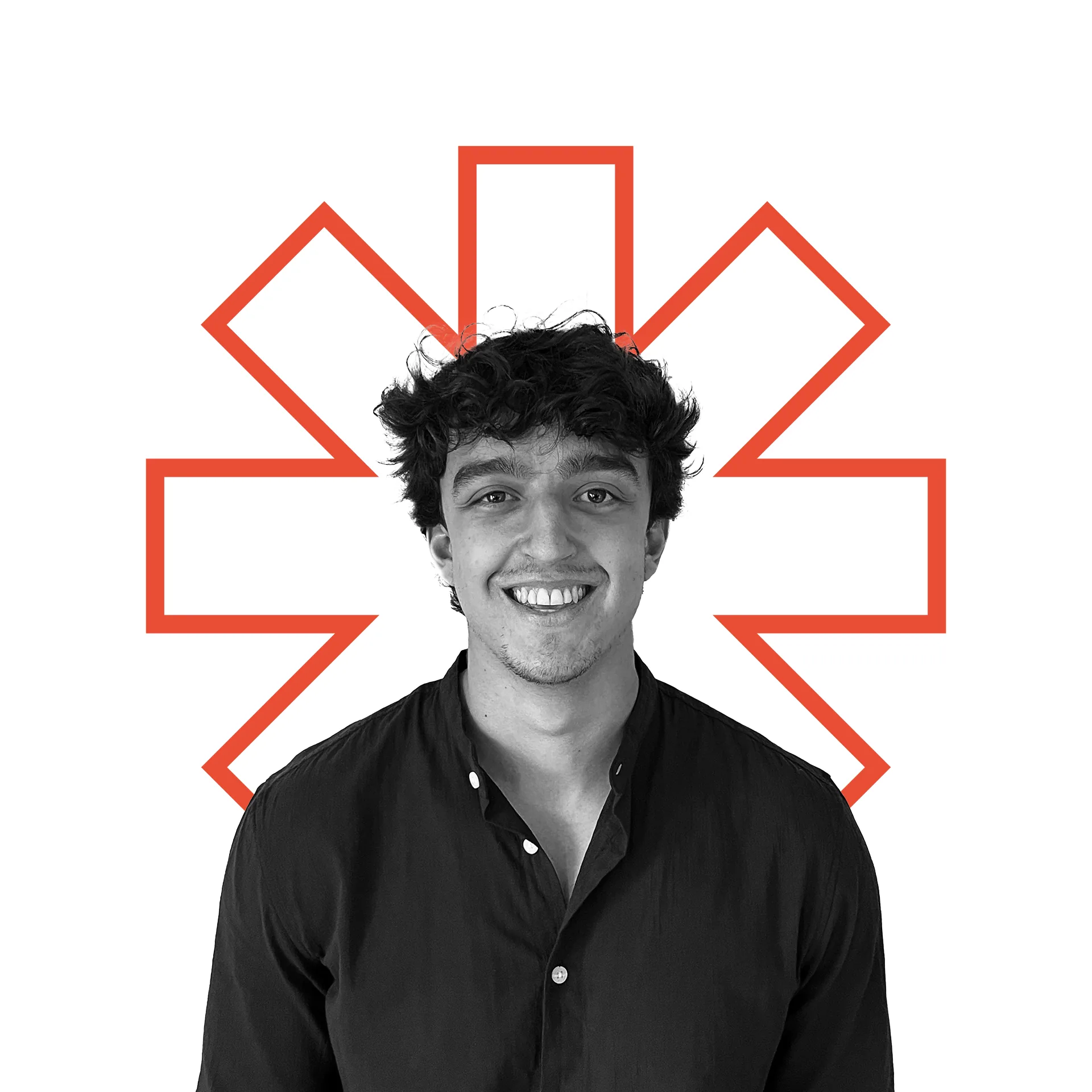 Black and white portrait of Andres Nijs with an orange asterisk-style graphic behind him